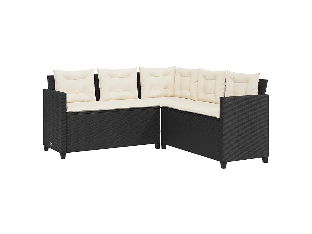 Tuinbank met tafel en kussens L-vormig poly rattan zwart