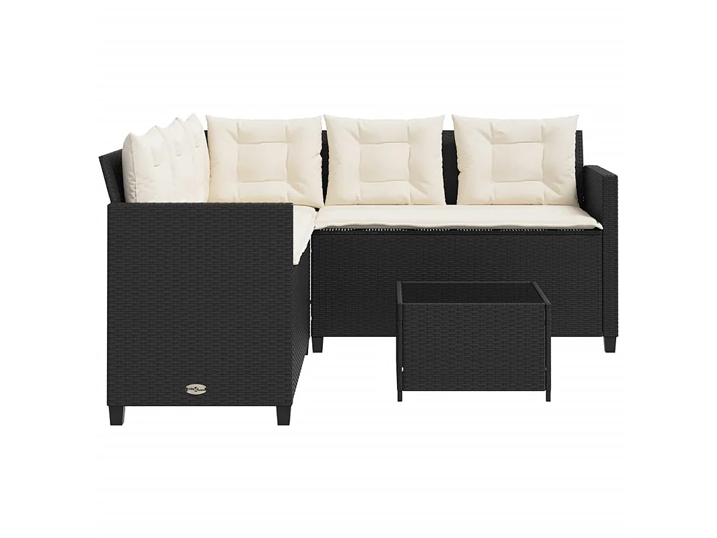 Tuinbank met tafel en kussens L-vormig poly rattan zwart