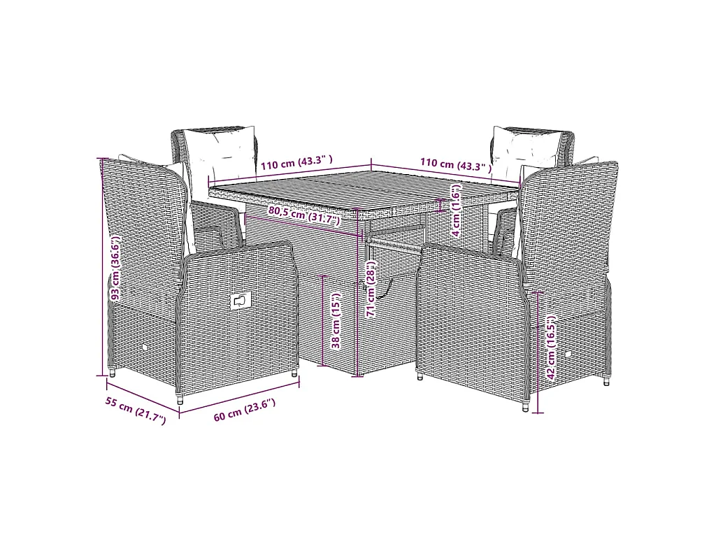 5-delige Tuinset met kussens poly rattan grijs