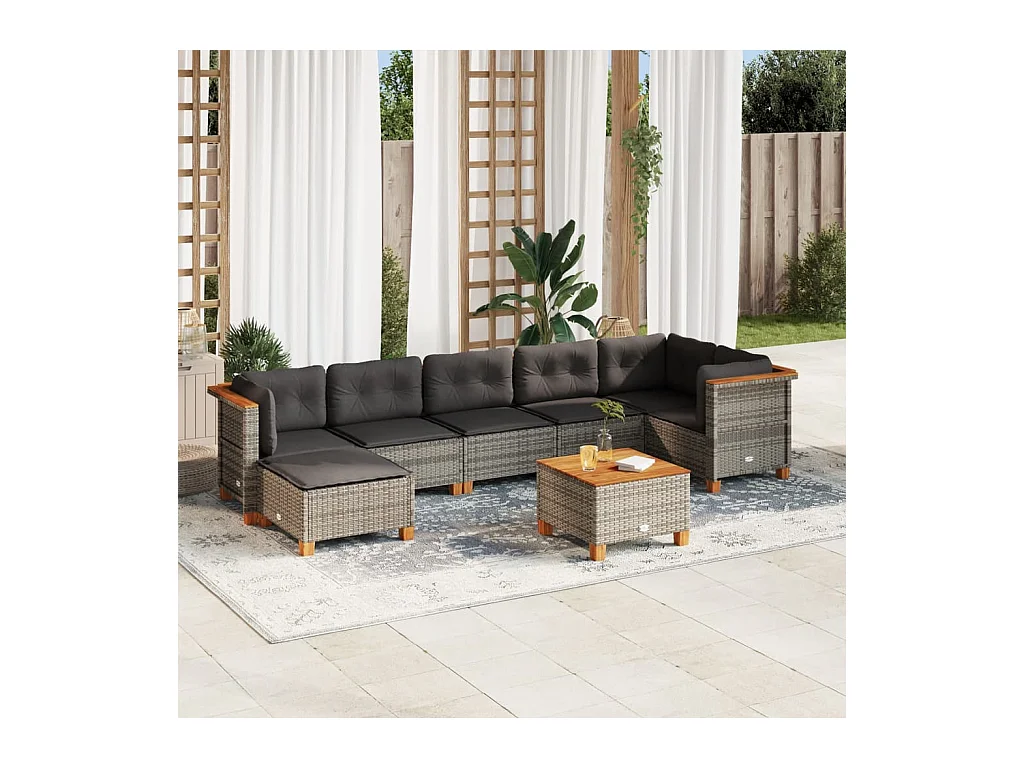 8-tlg. Garten-Sofagarnitur mit Kissen Grau Poly Rattan