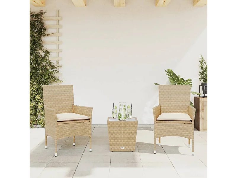 3-delige Bistroset met kussens poly rattan en glas beige