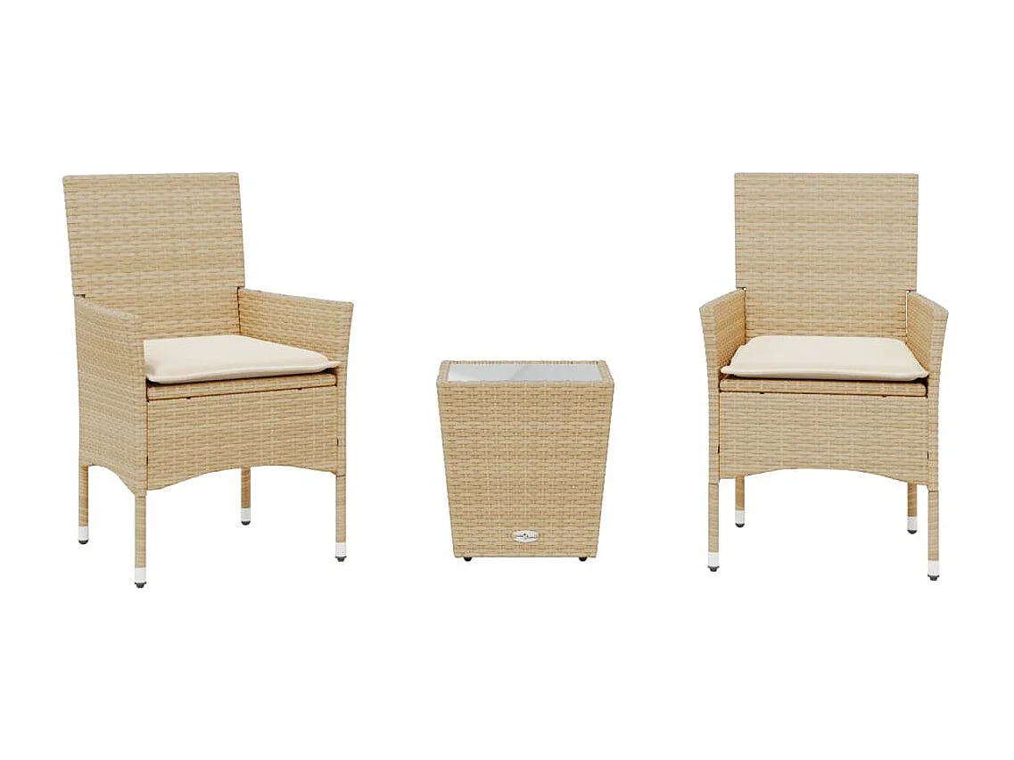 3-delige Bistroset met kussens poly rattan en glas beige