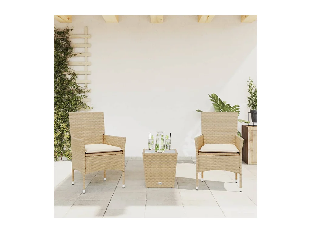 Set da Bistrò 3 pz con Cuscini Beige Polyrattan e Vetro