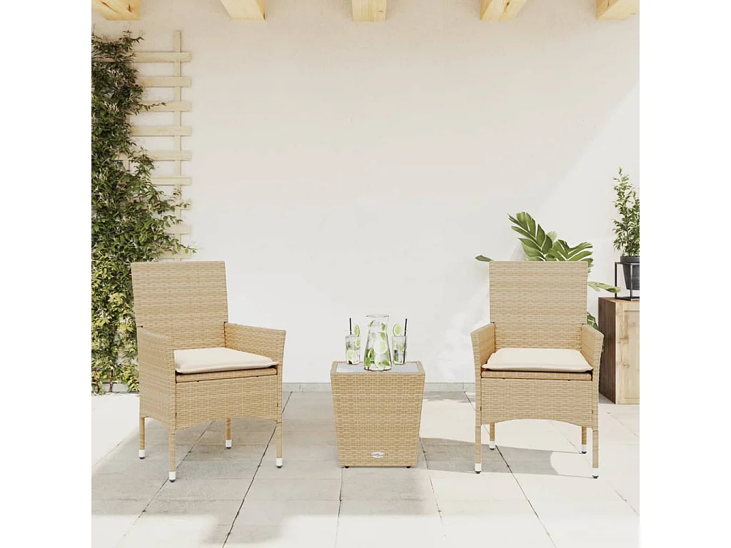 3-tlg. Bistro-Set mit Kissen Beige Poly Rattan und Glas