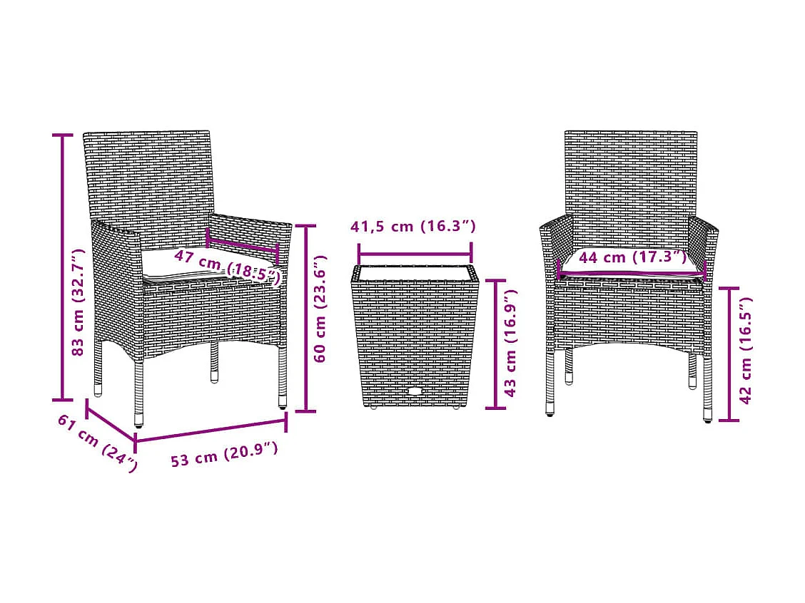 3-tlg. Bistro-Set mit Kissen Beige Poly Rattan und Glas