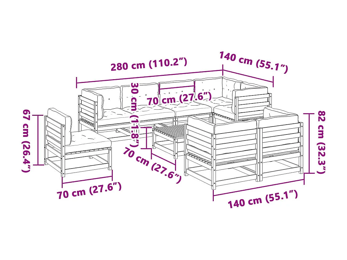 9 pcs conj. sofás jardim c/ almofadões madeira abeto-de-douglas