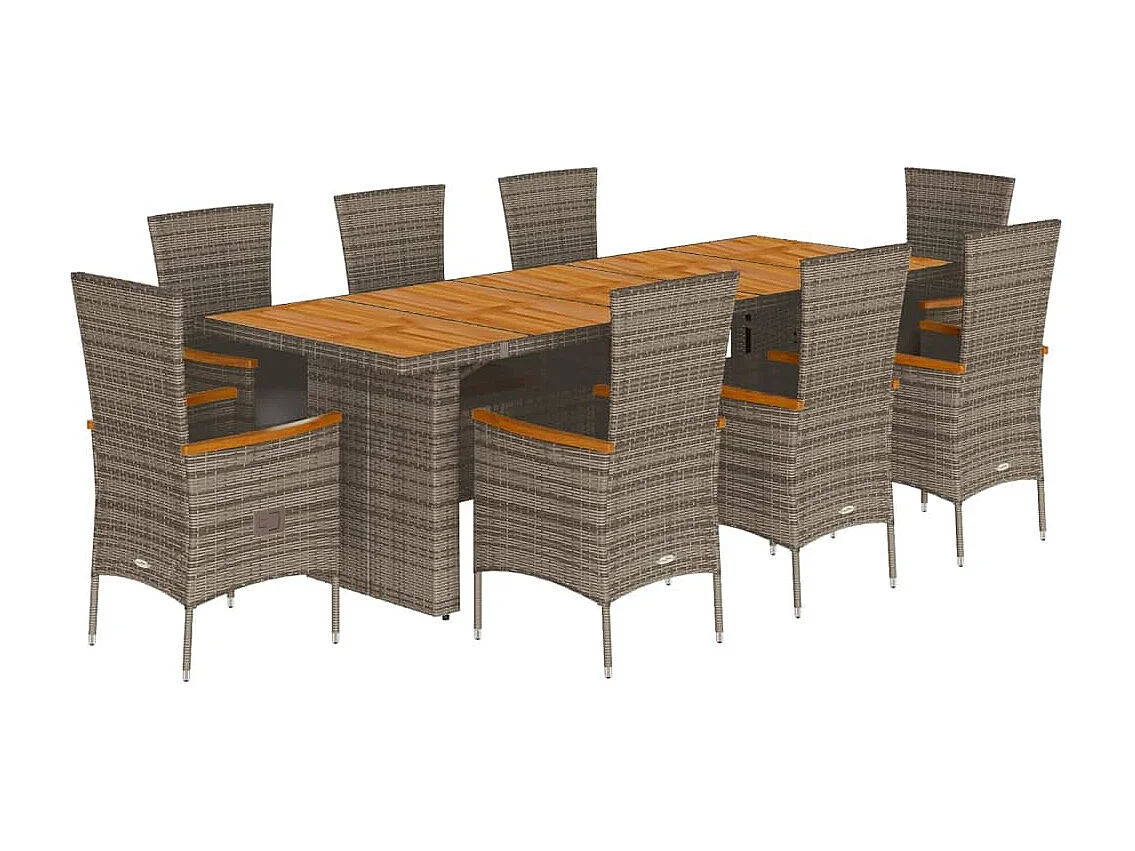 Set da Pranzo da Giardino 9 pz con Cuscini in Polyrattan Grigio