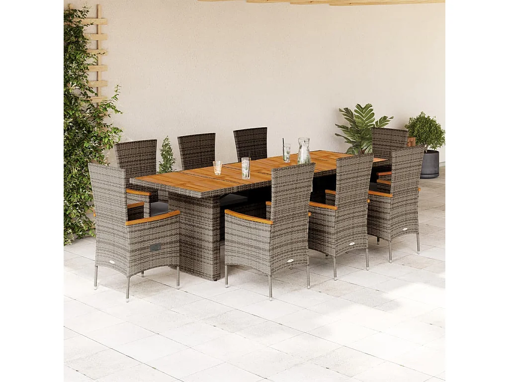 Set da Pranzo da Giardino 9 pz con Cuscini in Polyrattan Grigio