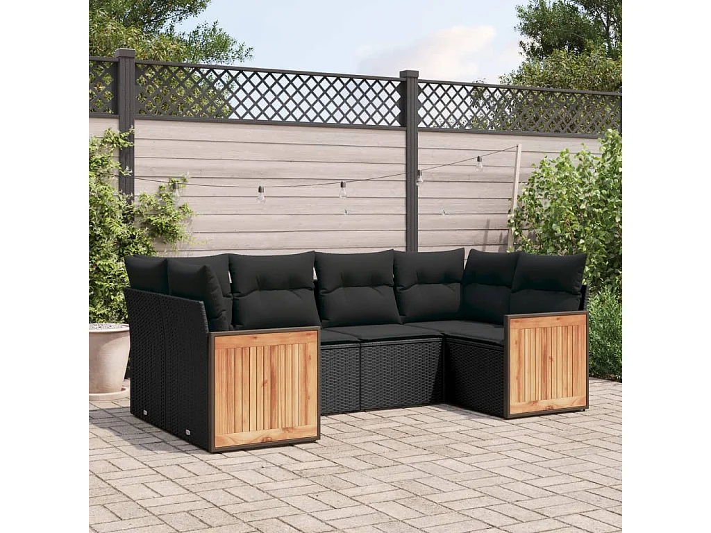 Set Divano da Giardino 6 pz con Cuscini Nero in Polyrattan