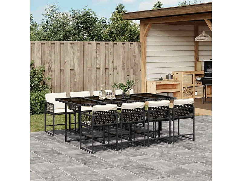 9-tlg. Garten-Essgruppe mit Kissen Schwarz Poly Rattan