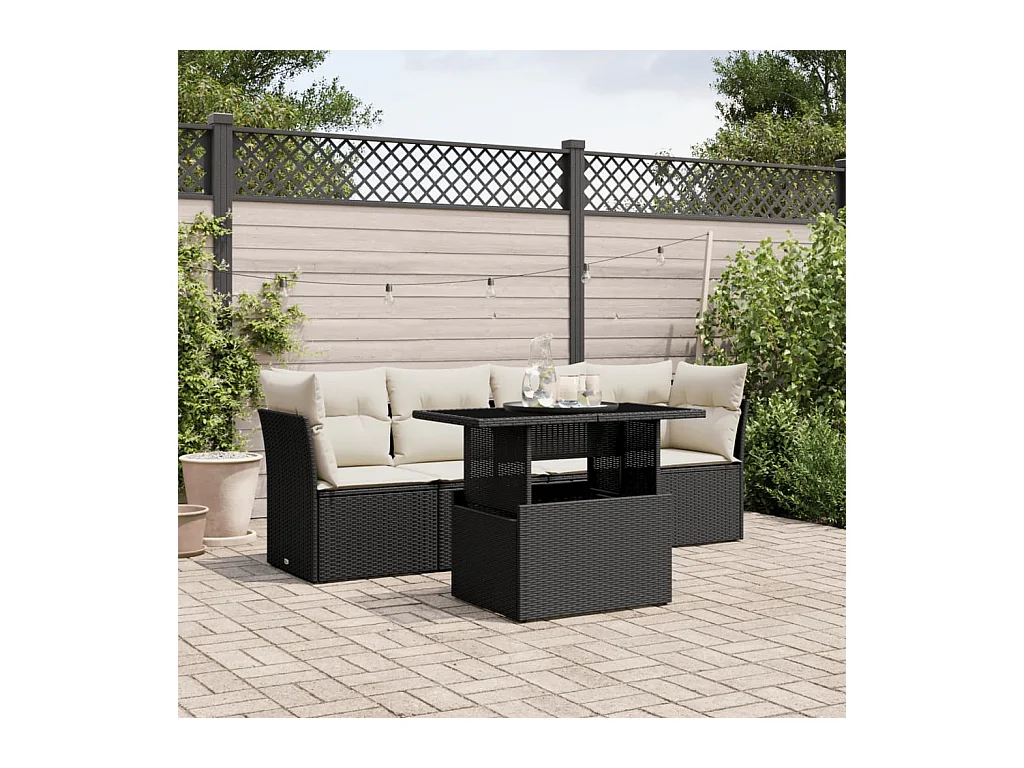5-delige Loungeset met kussens poly rattan zwart