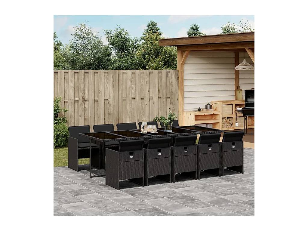 Ensemble à manger de jardin 11 pcs coussins noir résine tressée