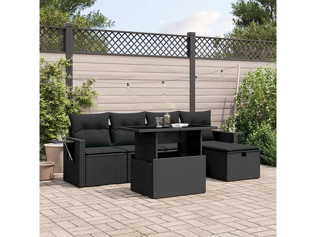 Salon de jardin 6 pcs avec coussins noir résine tressée
