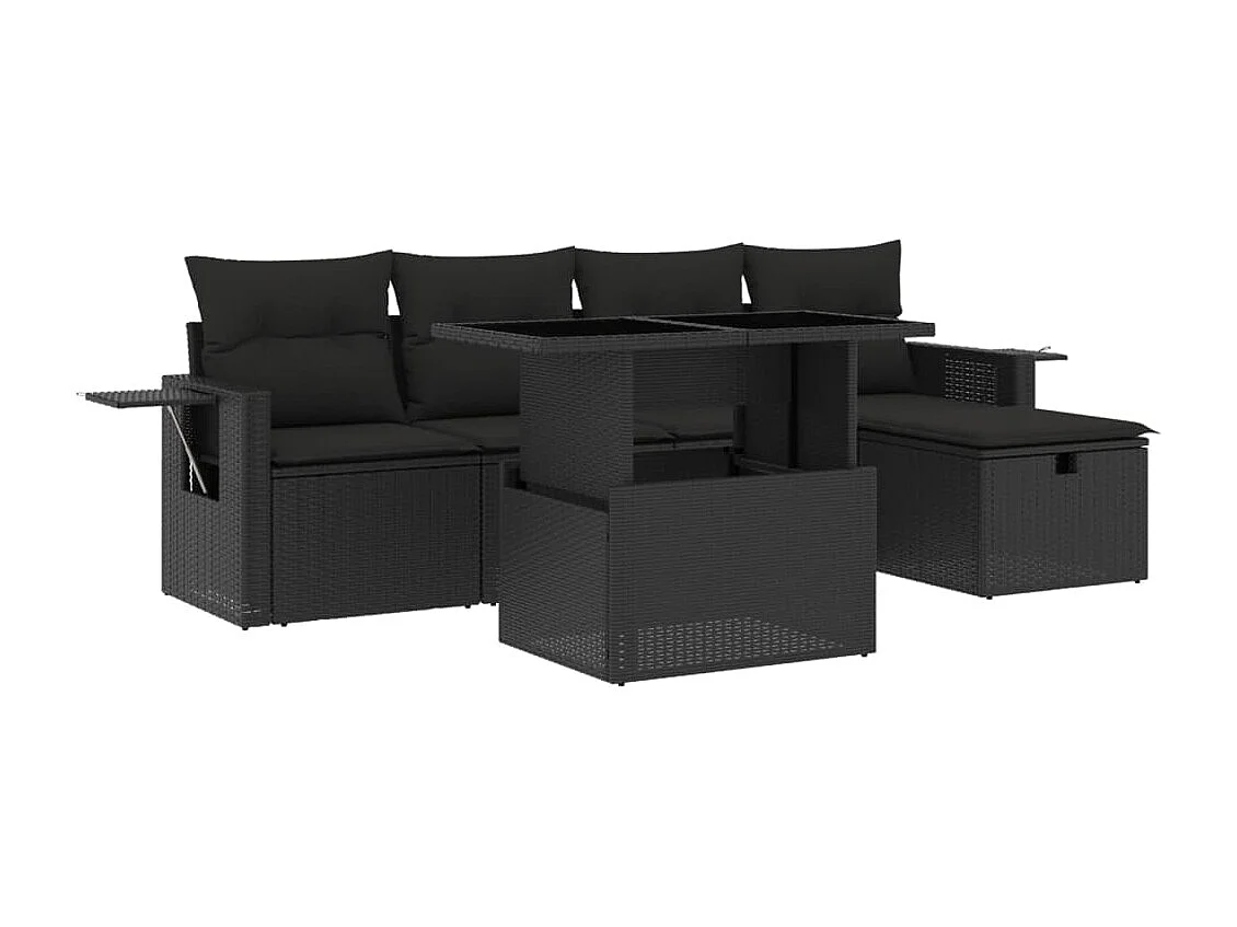 Salon de jardin 6 pcs avec coussins noir résine tressée