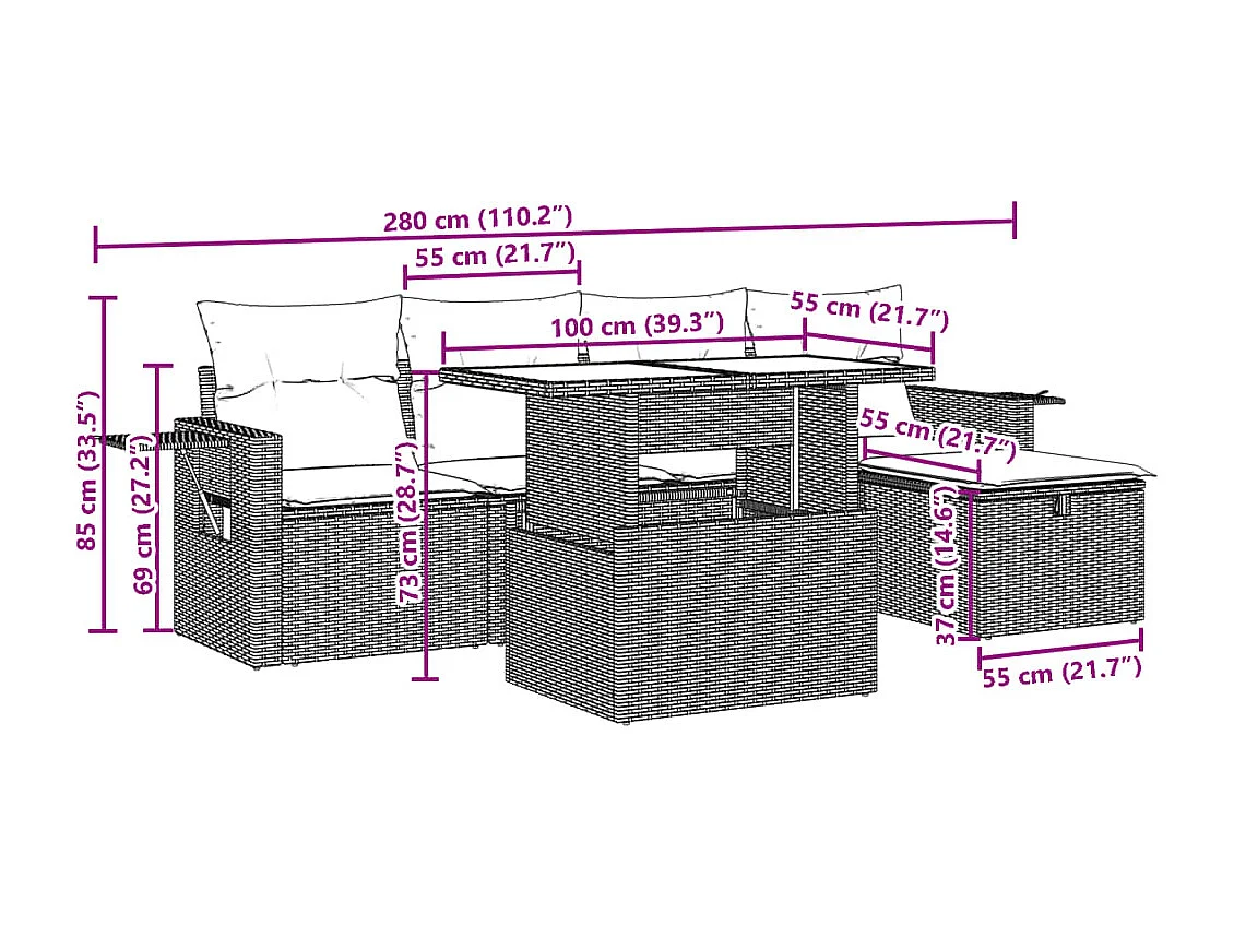 Salon de jardin 6 pcs avec coussins noir résine tressée