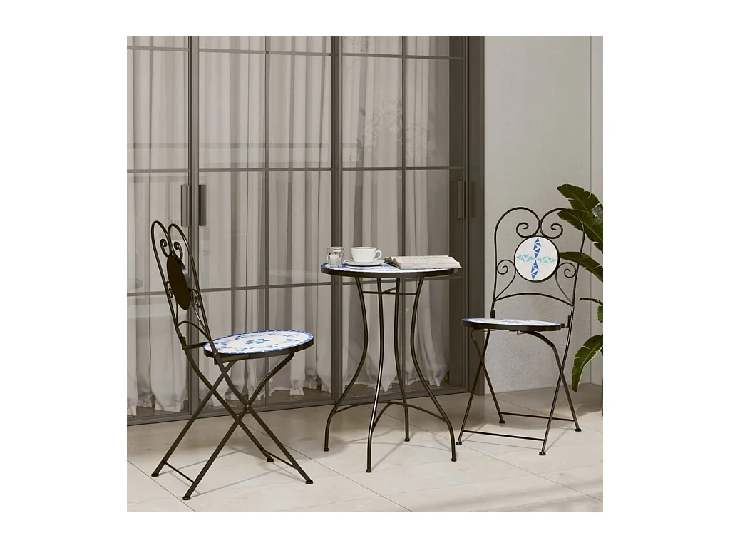 Set da Bistrot con Mosaico Blu e Bianco in Ferro e Ceramica