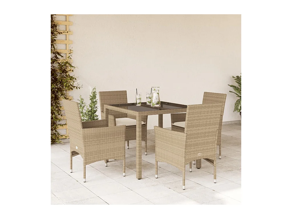 Ensemble à manger de jardin et coussins 5 pcs beige rotin verre