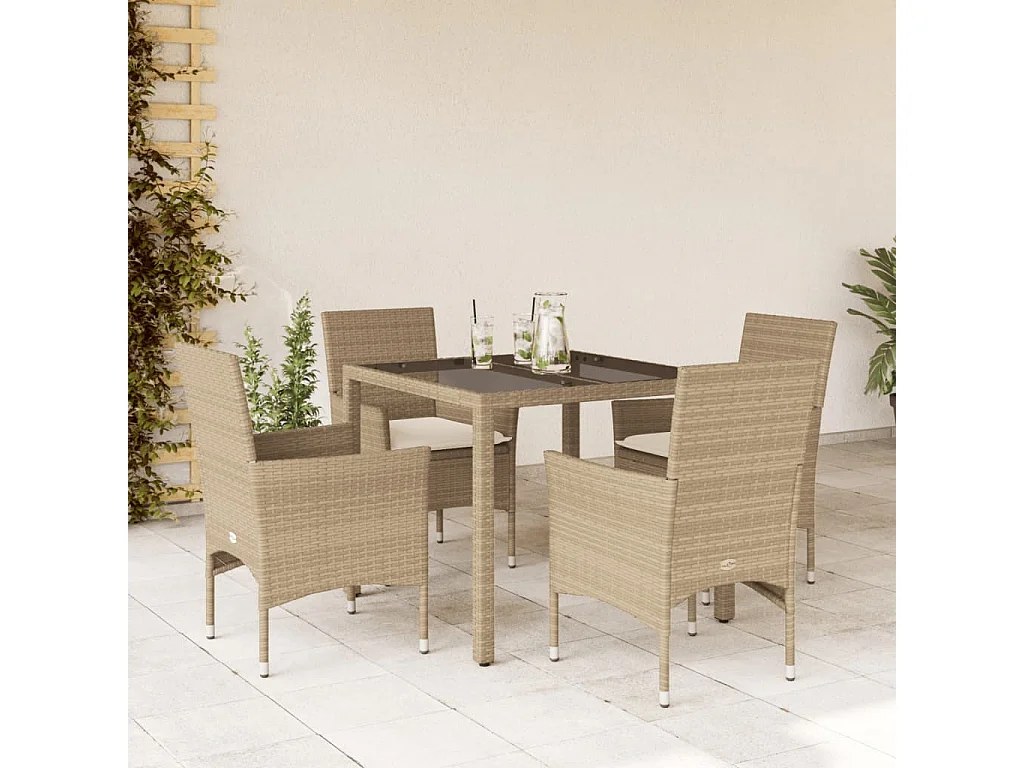 5-tlg. Garten-Essgruppe mit Kissen Beige Poly Rattan und Glas