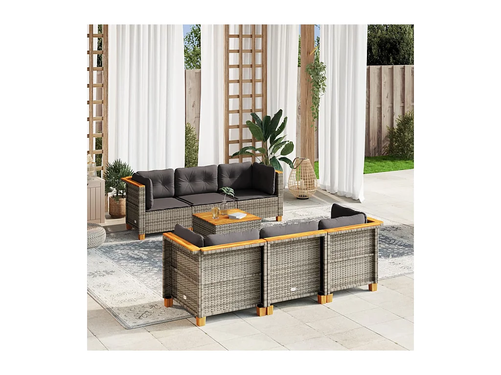 7-tlg. Garten-Sofagarnitur mit Kissen Grau Poly Rattan