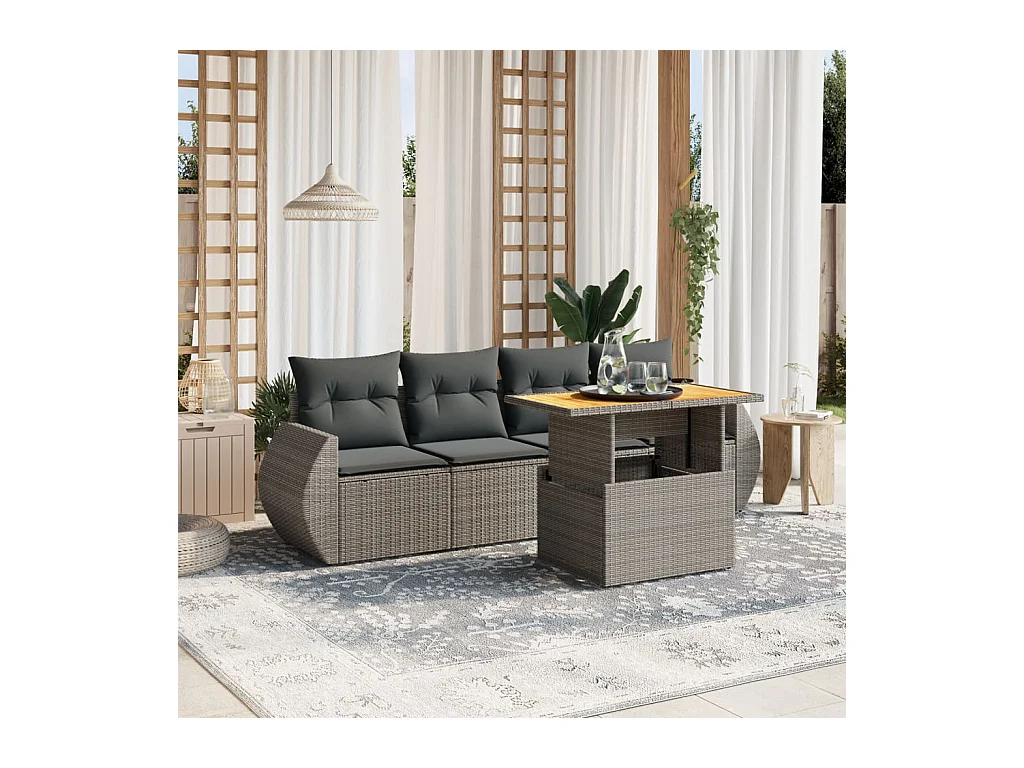Salon de jardin 5 pcs avec coussins gris résine tressée