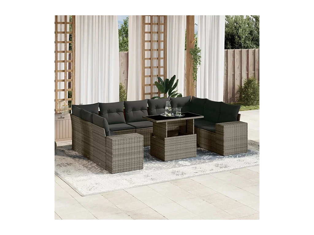 Salon de jardin avec coussins 10 pcs gris résine tressée