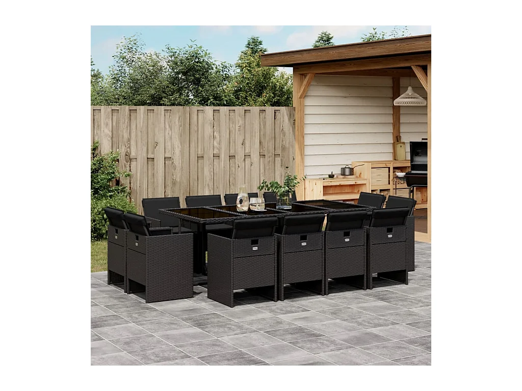 Set da Pranzo da Giardino 13pz con Cuscini Nero in Polyrattan