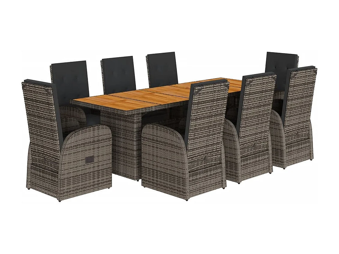 9 pcs conjunto de jantar p/ jardim c/ almofadões vime PE cinza