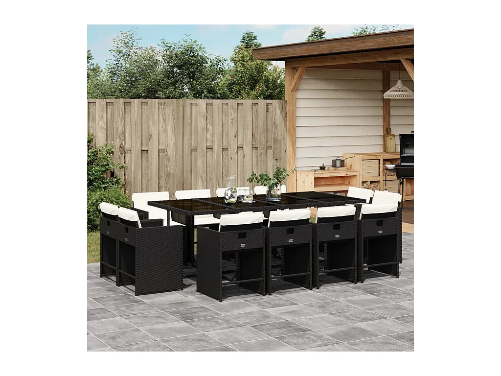 Set da Pranzo da Giardino 13pz con Cuscini Nero in Polyrattan