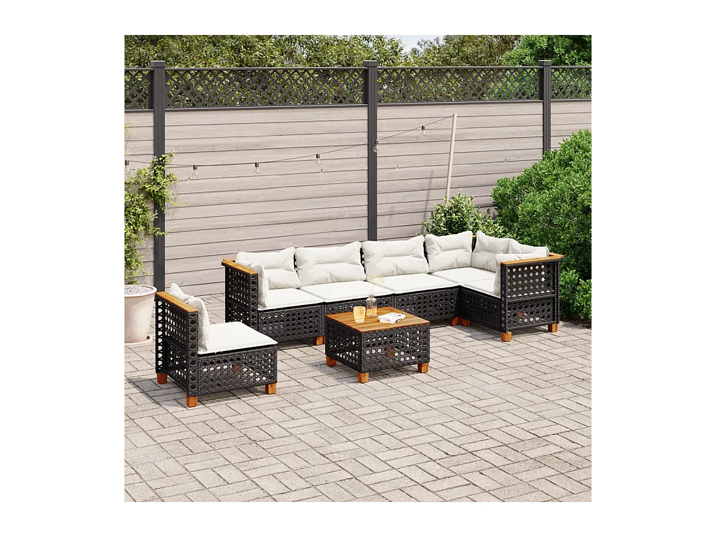 Salon de jardin 7 pcs avec coussins noir résine tressée