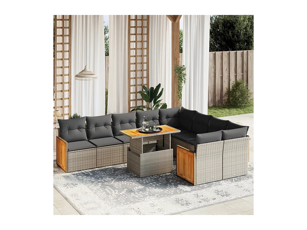 Salon de jardin avec coussins 10 pcs gris résine tressée