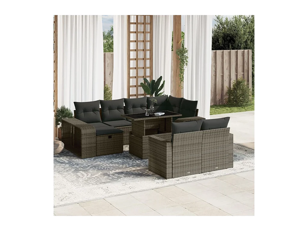 Set Divani da Giardino 11 pz con Cuscini in Polyrattan Grigio