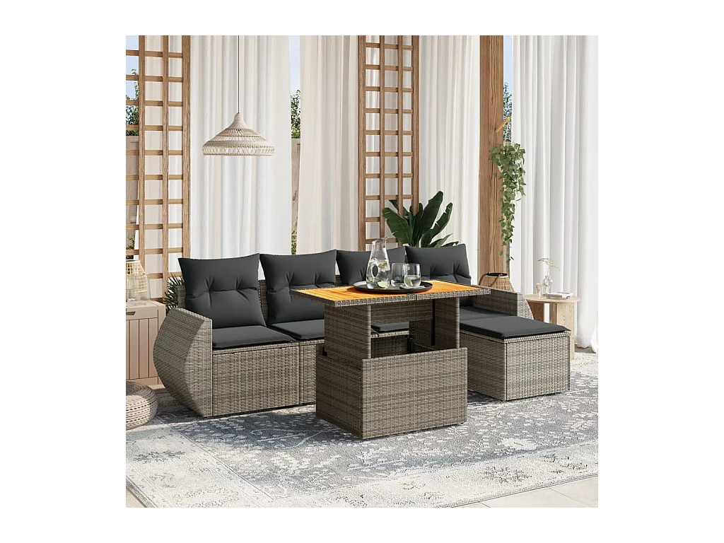 6-tlg. Garten-Sofagarnitur mit Kissen Grau Poly Rattan