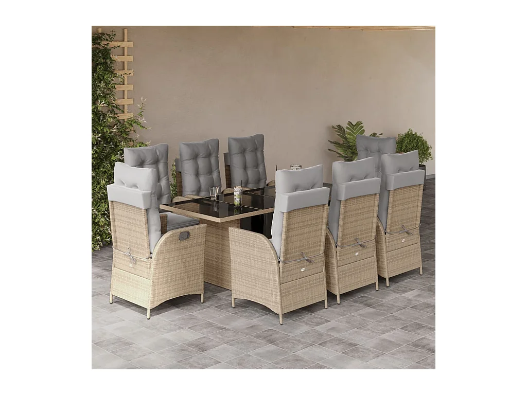 9 pcs conj. jantar jardim c/ almofadões vime PE bege misturado