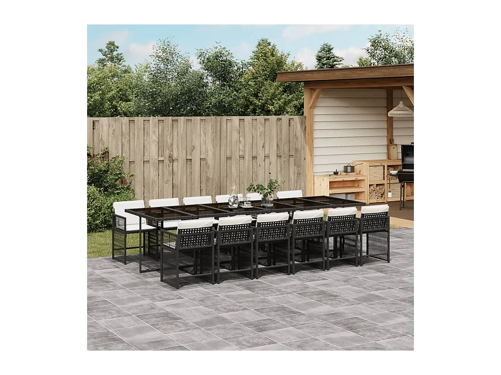 Set da Pranzo da Giardino 13pz con Cuscini Nero in Polyrattan