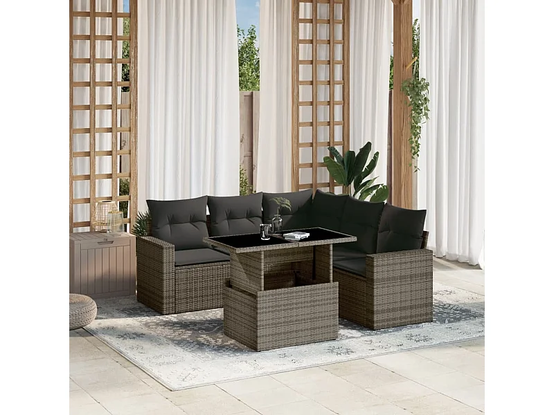 Set Divano da Giardino 6 pz con Cuscini Grigio in Polyrattan