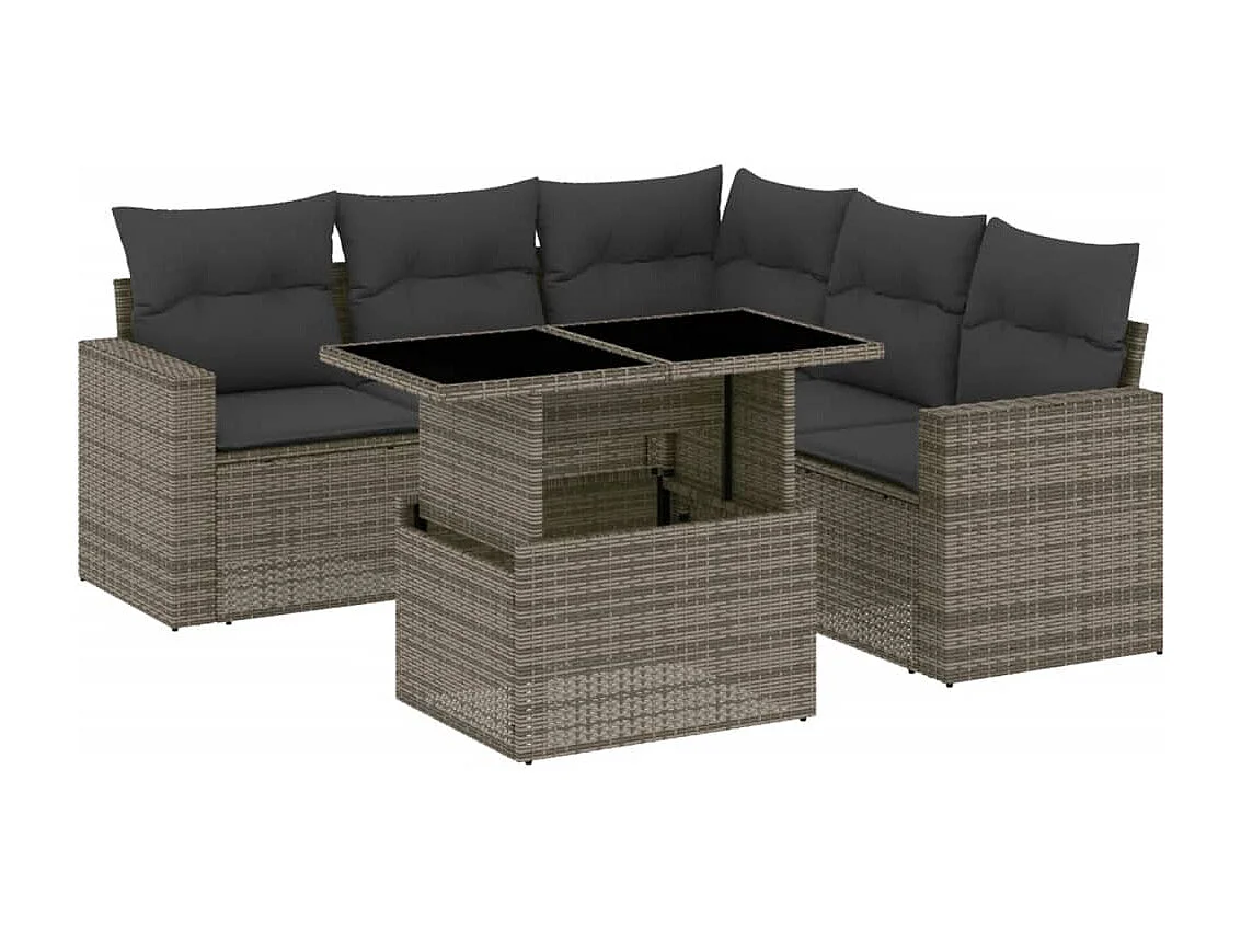 Salon de jardin 6 pcs avec coussins gris résine tressée