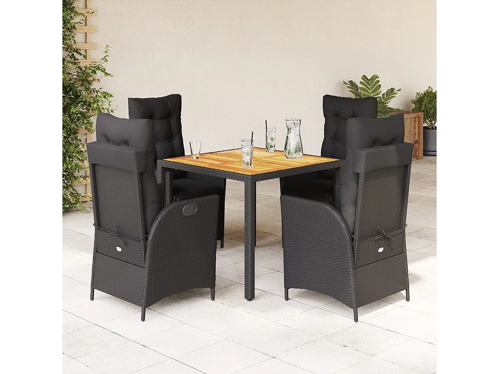 5 pcs conjunto de jantar p/ jardim c/ almofadões vime PE preto