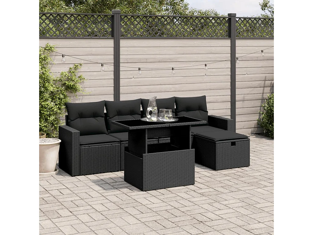 6-delige Loungeset met kussens poly rattan zwart