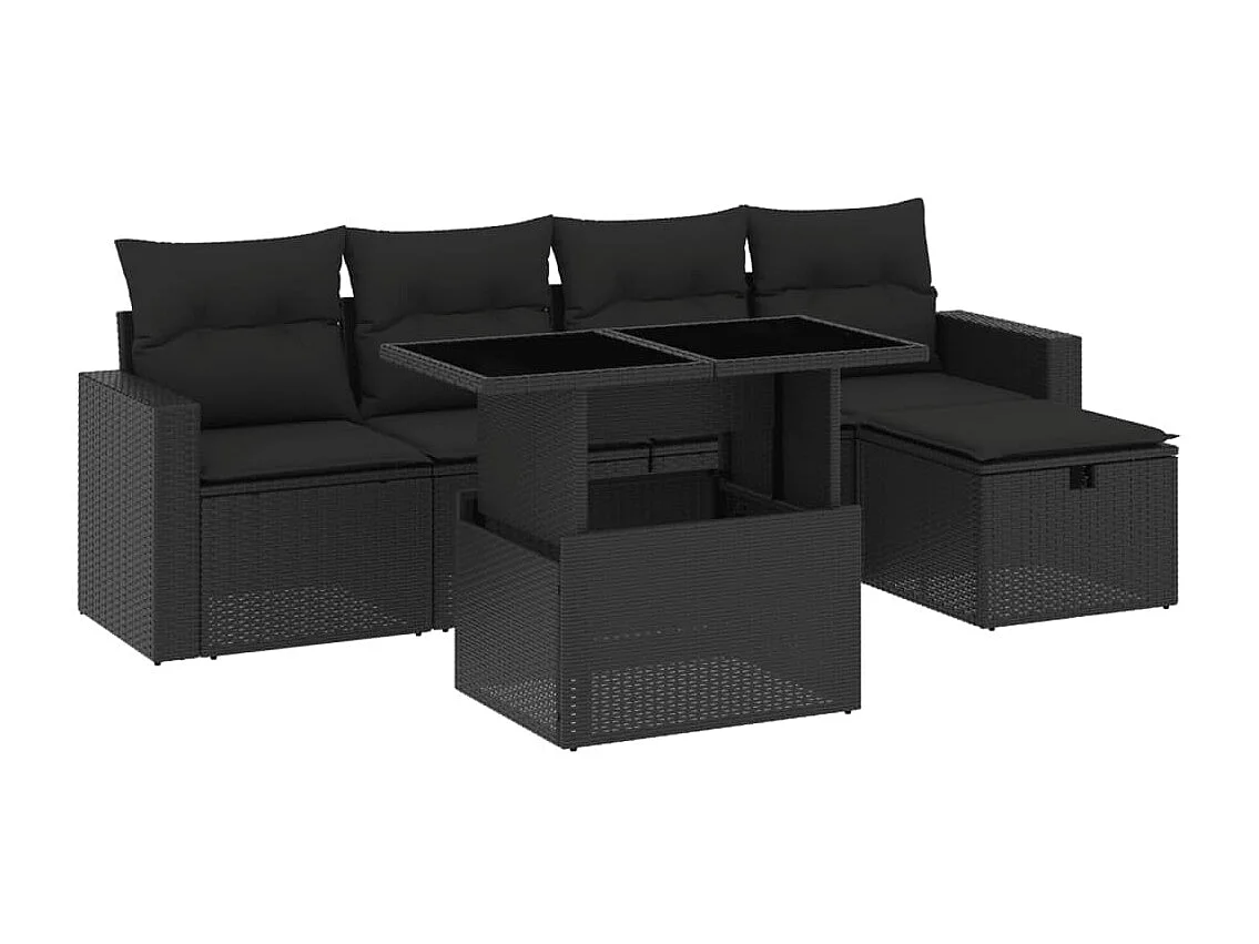 6-delige Loungeset met kussens poly rattan zwart