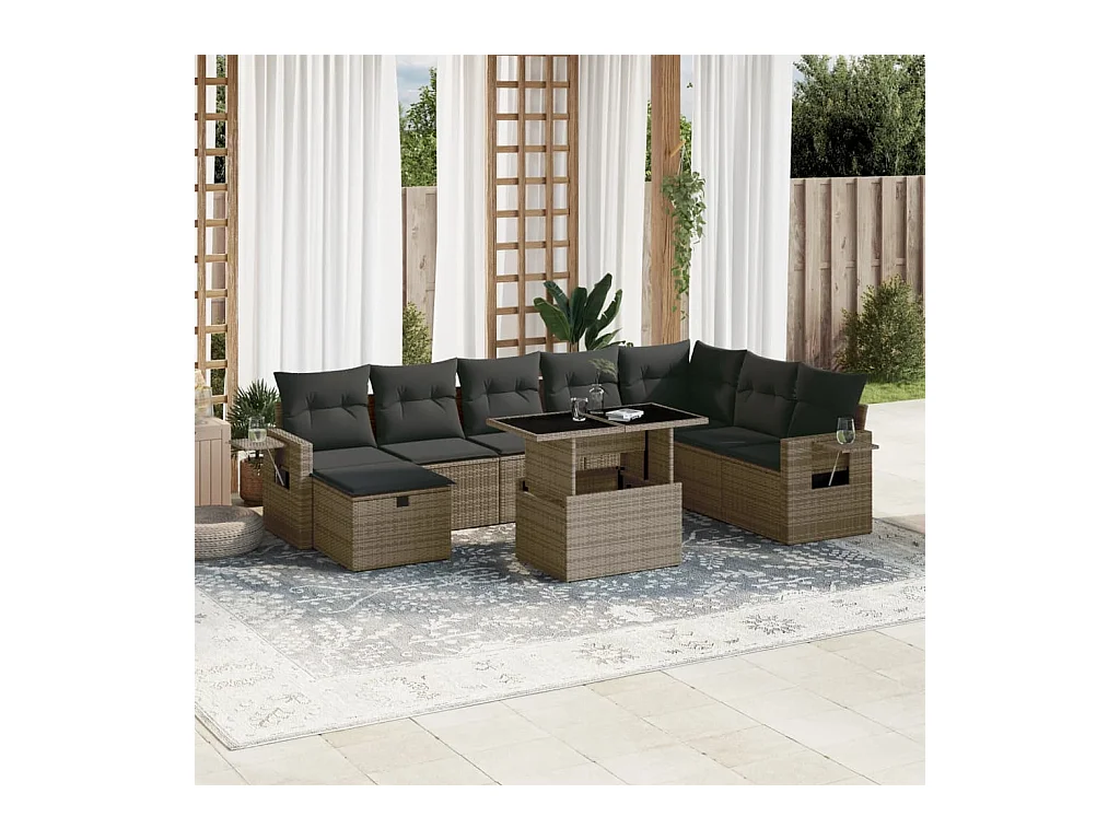 Set Divano da Giardino 9 pz con Cuscini Grigio in Polyrattan
