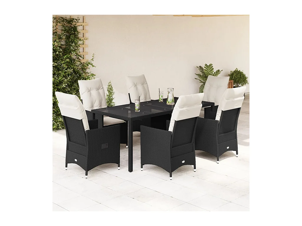 Set da Pranzo da Giardino 7 pz Nero con Cuscini in Polyrattan