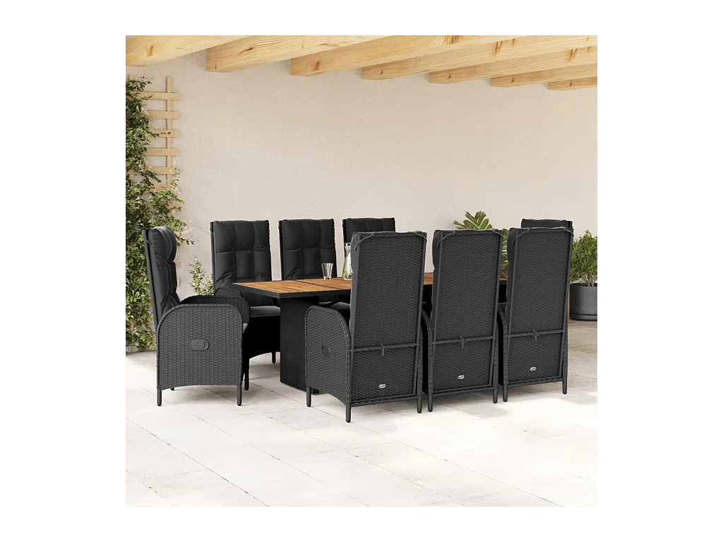 Ensemble à manger de jardin 9pcs coussins noir résine tressée