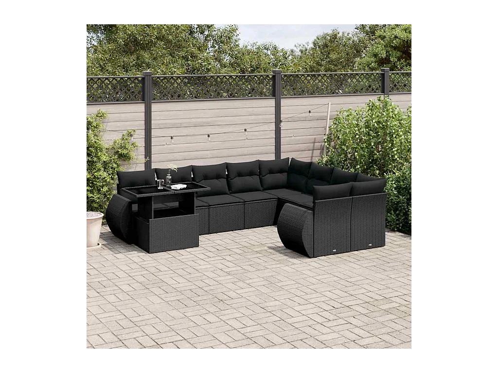 Salon de jardin 10 pcs avec coussins noir résine tressée