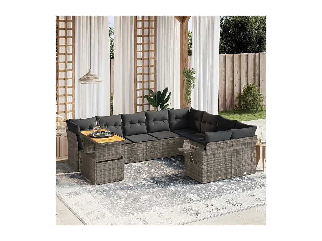Salon de jardin avec coussins 10 pcs gris résine tressée