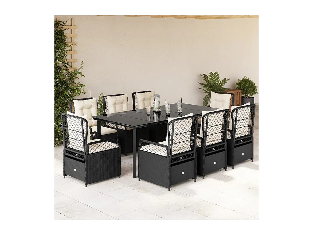 Ensemble à manger de jardin 9pcs coussins noir résine tressée