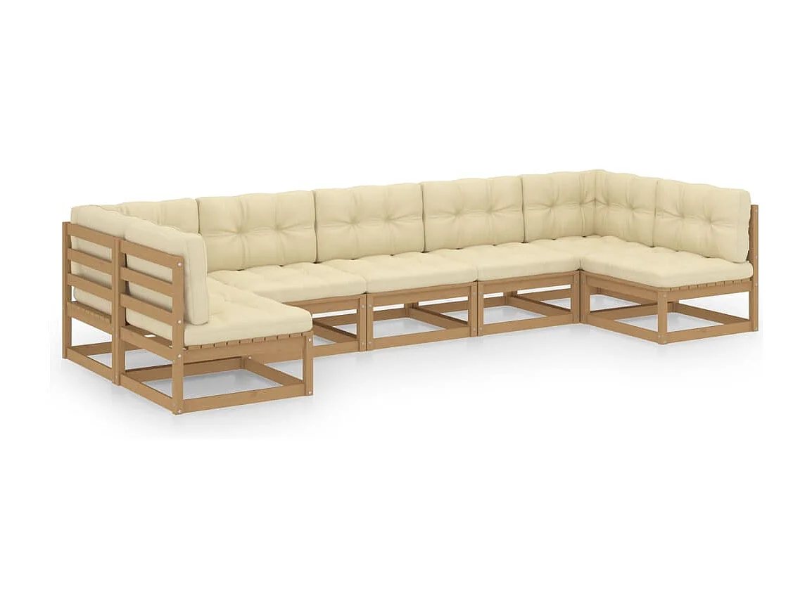 Salon de jardin 7 pcs avec coussins Marron miel Bois de pin