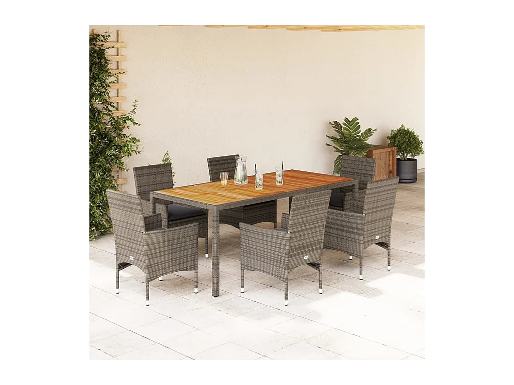 7-tlg. Garten-Essgruppe mit Kissen Grau Poly Rattan Akazie