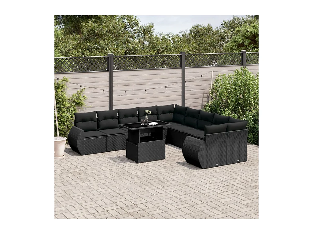 Set Divani da Giardino 11 pz con Cuscini in Polyrattan Nero