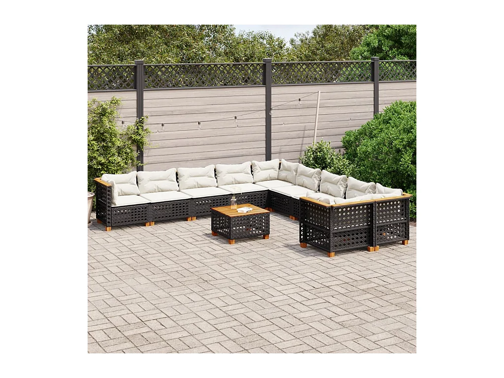 11-tlg. Garten-Sofagarnitur mit Kissen Schwarz Poly Rattan