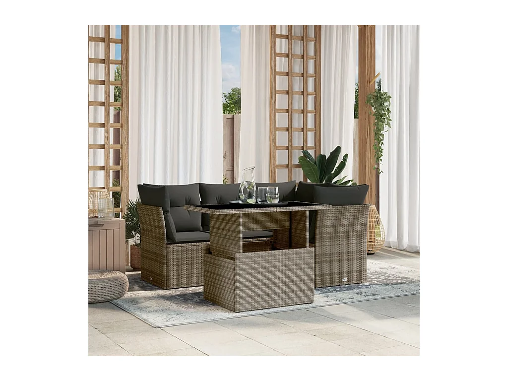 Salon de jardin 5 pcs avec coussins gris résine tressée